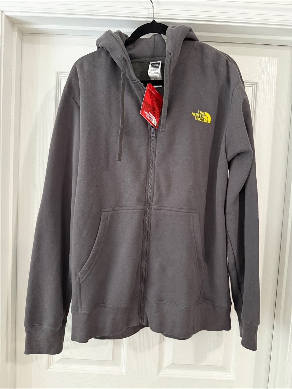 New NWT The North Face Men's Dark Gray Full‑Zip Hoodie with Yellow Logo - XL